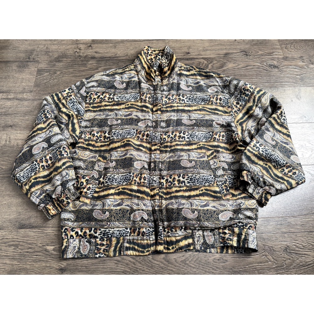 EUC Womens FUDA SILK 100% SILK padded shoulder full zip jacket animal print SZ M